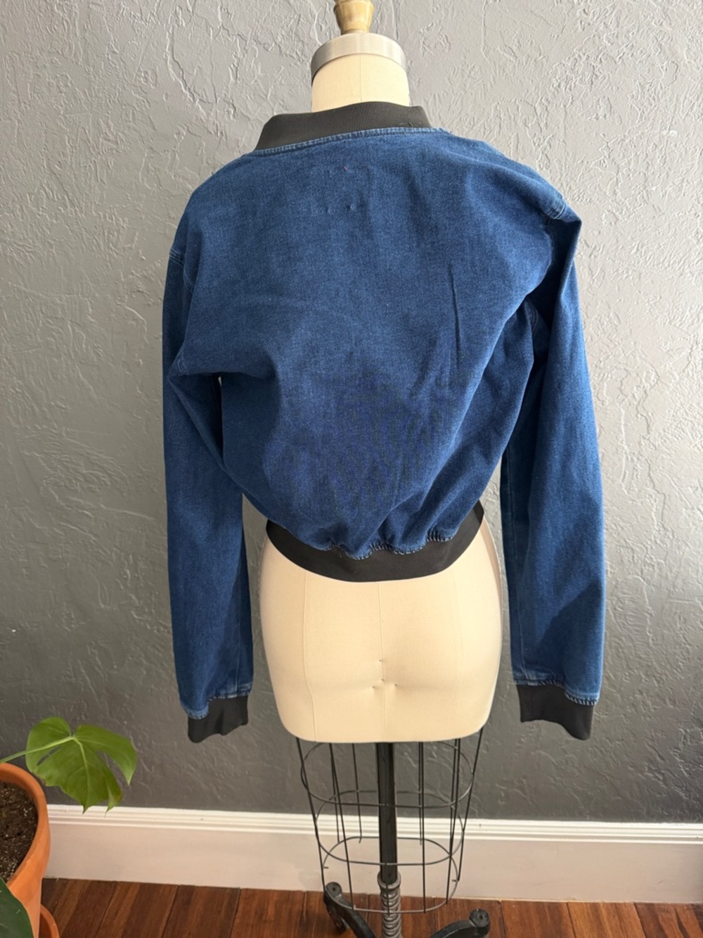 Guess Blue Denim Bomber Jacket with Black Trim - Picture 3 of 5